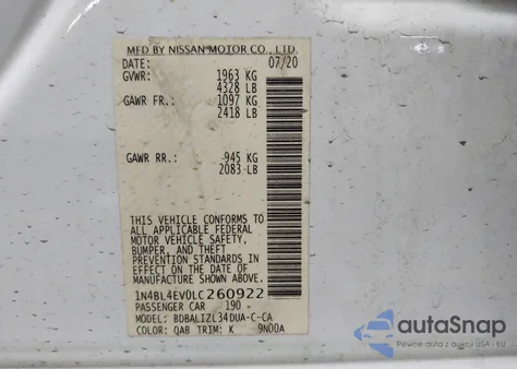 2020 Nissan Altima Sl Fwd z USA, uszkodzony, nr VIN 1N4BL4EV0LC260922